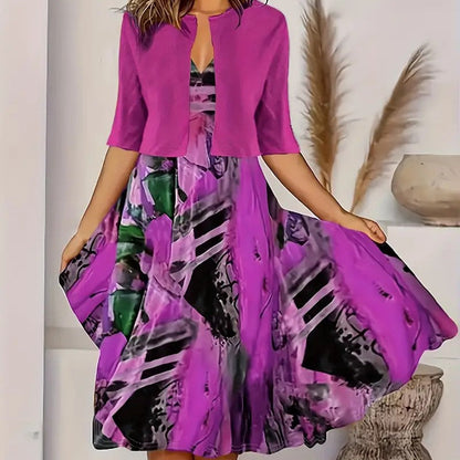 Women’s Printed Midi Dress and Cropped Cardigan Two-Piece Set