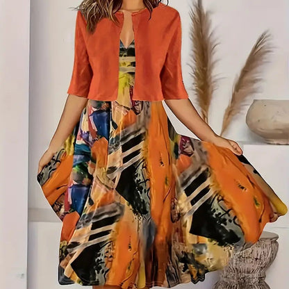 Women’s Printed Midi Dress and Cropped Cardigan Two-Piece Set