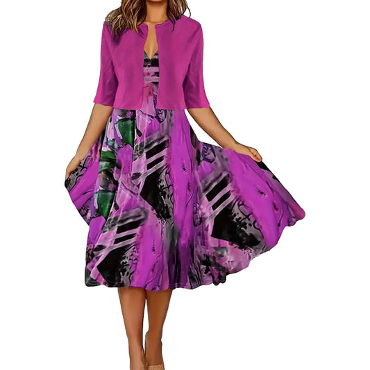 Women’s Printed Midi Dress and Cropped Cardigan Two-Piece Set