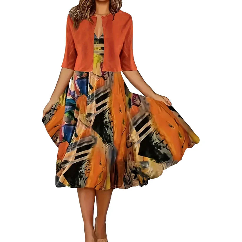 Women’s Printed Midi Dress and Cropped Cardigan Two-Piece Set