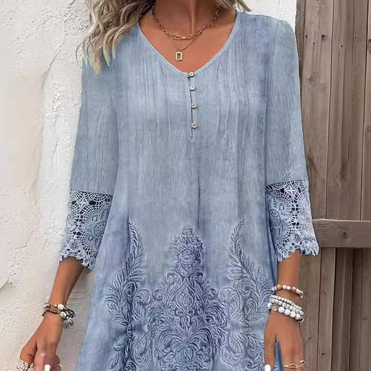 Women’s Elegant Lace V-Neck Dress with Three Quarter Sleeves