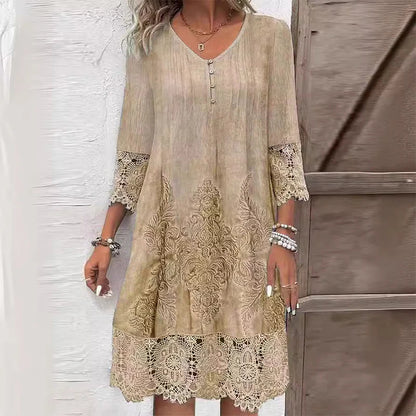 Women’s Elegant Lace V-Neck Dress with Three Quarter Sleeves