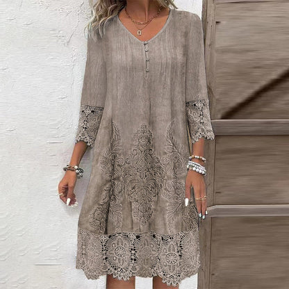 Women’s Elegant Lace V-Neck Dress with Three Quarter Sleeves