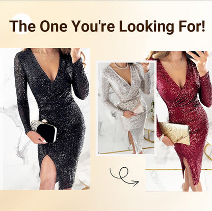 Women’s Wrap Sequin V Neck Midi Dress