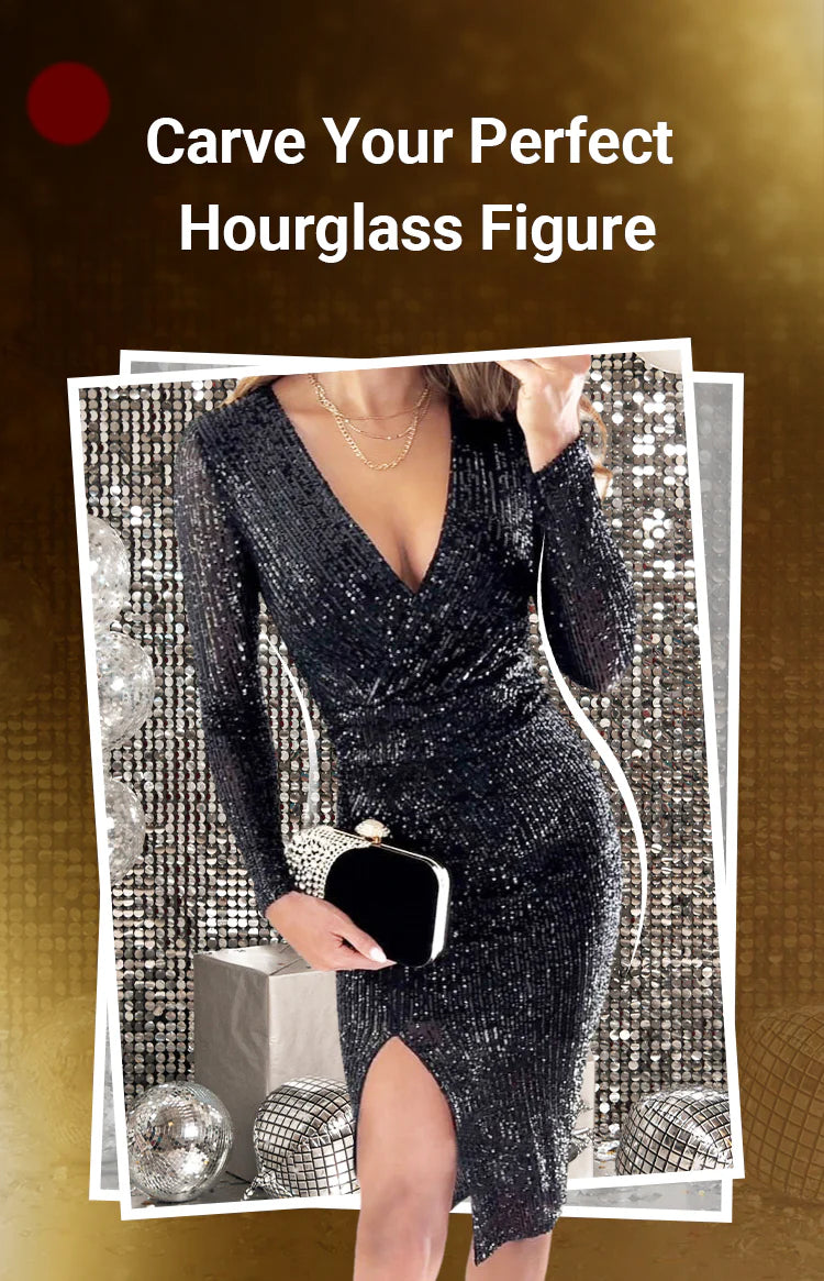 Women’s Wrap Sequin V Neck Midi Dress