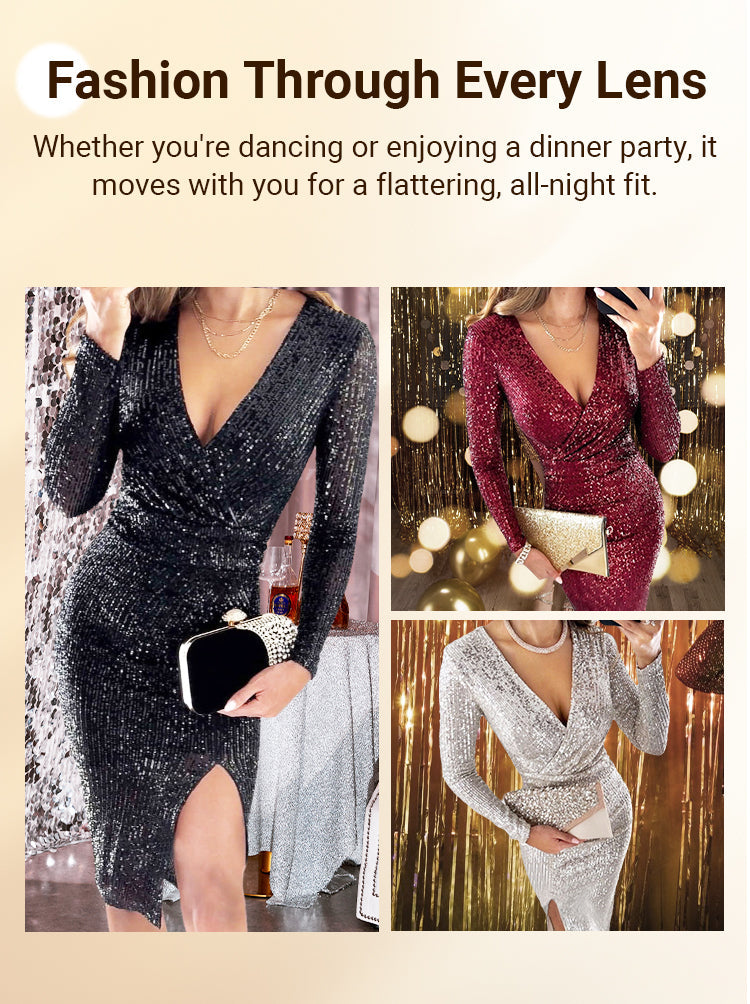 Women’s Wrap Sequin V Neck Midi Dress