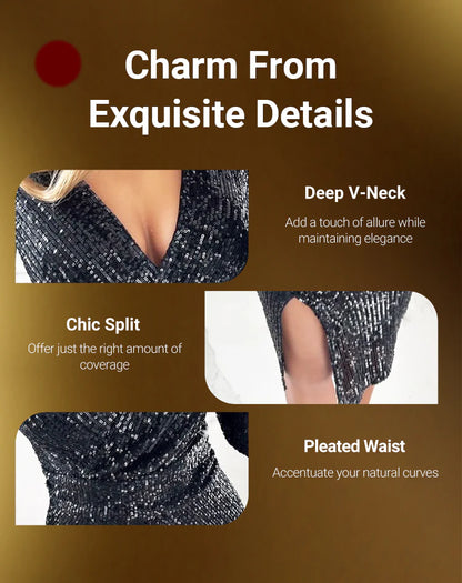 Women’s Wrap Sequin V Neck Midi Dress