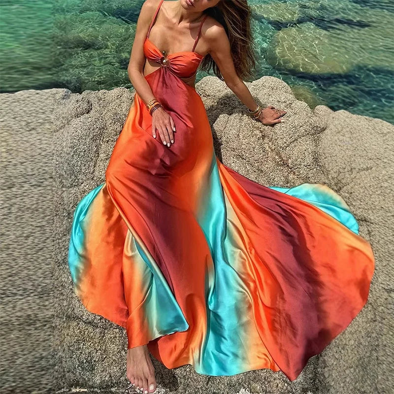 Women's Sunset Print Cutout Maxi Dress