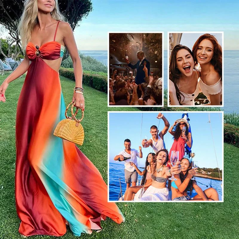 Women's Sunset Print Cutout Maxi Dress