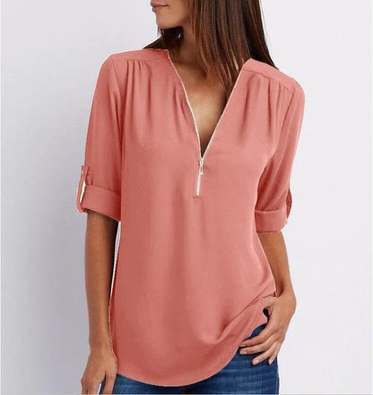 Plus Size Relaxed Fit Blouse – 3/4 Sleeve Zip Detail