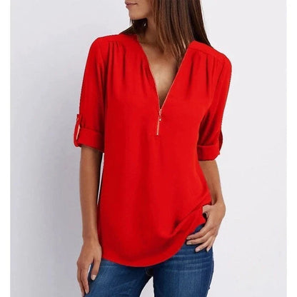 Plus Size Relaxed Fit Blouse – 3/4 Sleeve Zip Detail