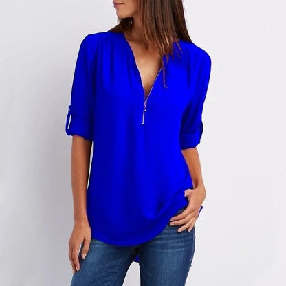Plus Size Relaxed Fit Blouse – 3/4 Sleeve Zip Detail