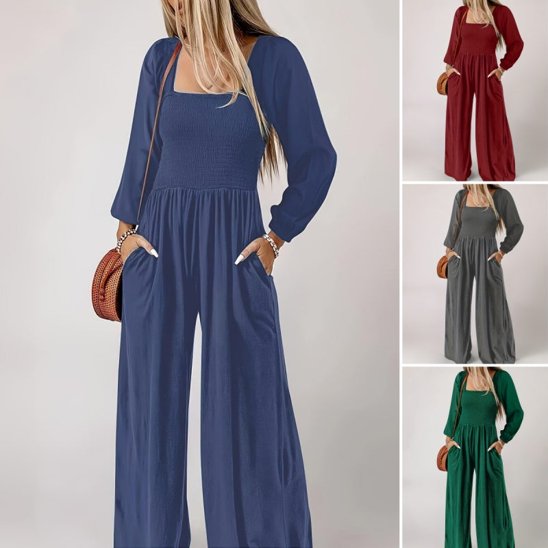 Women’s Smocked Wide-Leg Long Sleeve Jumpsuit