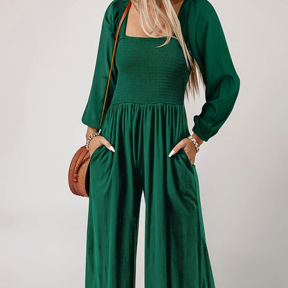 Women’s Smocked Wide-Leg Long Sleeve Jumpsuit