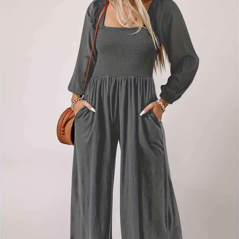 Women’s Smocked Wide-Leg Long Sleeve Jumpsuit