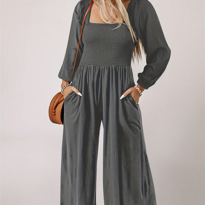 Women’s Smocked Wide-Leg Long Sleeve Jumpsuit