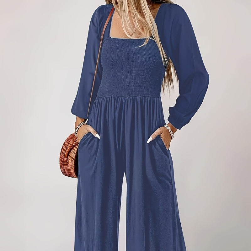 Women’s Smocked Wide-Leg Long Sleeve Jumpsuit