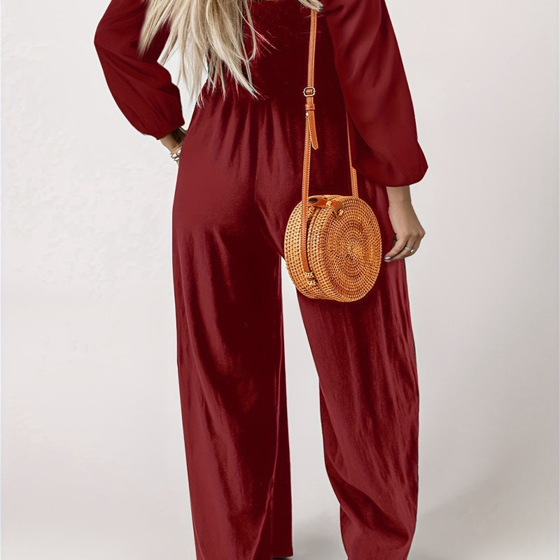 Women’s Smocked Wide-Leg Long Sleeve Jumpsuit