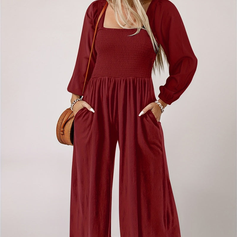 Women’s Smocked Wide-Leg Long Sleeve Jumpsuit