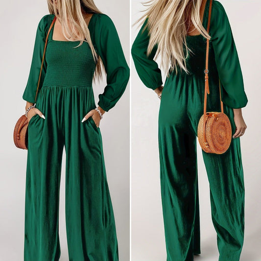 Women’s Smocked Wide-Leg Long Sleeve Jumpsuit