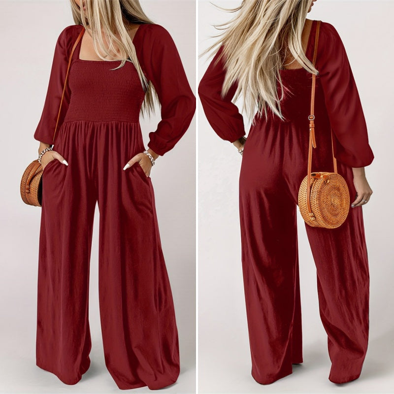 Women’s Smocked Wide-Leg Long Sleeve Jumpsuit
