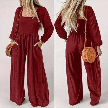 Women’s Smocked Wide-Leg Long Sleeve Jumpsuit