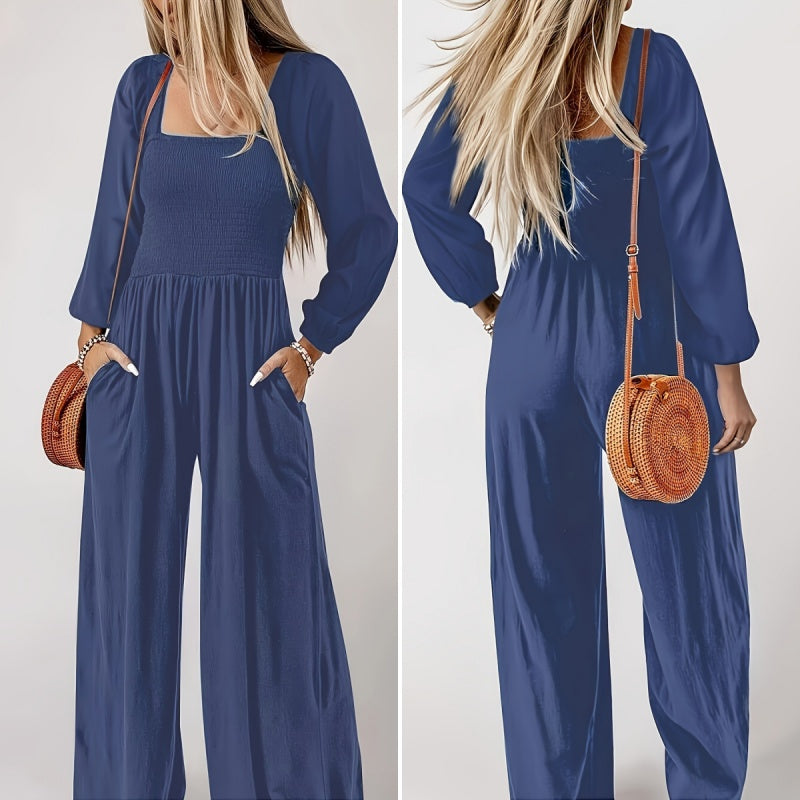 Women’s Smocked Wide-Leg Long Sleeve Jumpsuit