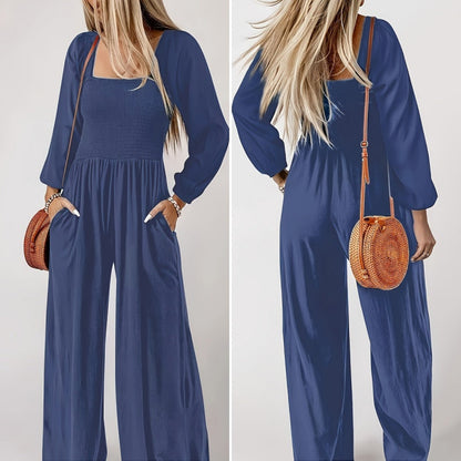 Women’s Smocked Wide-Leg Long Sleeve Jumpsuit