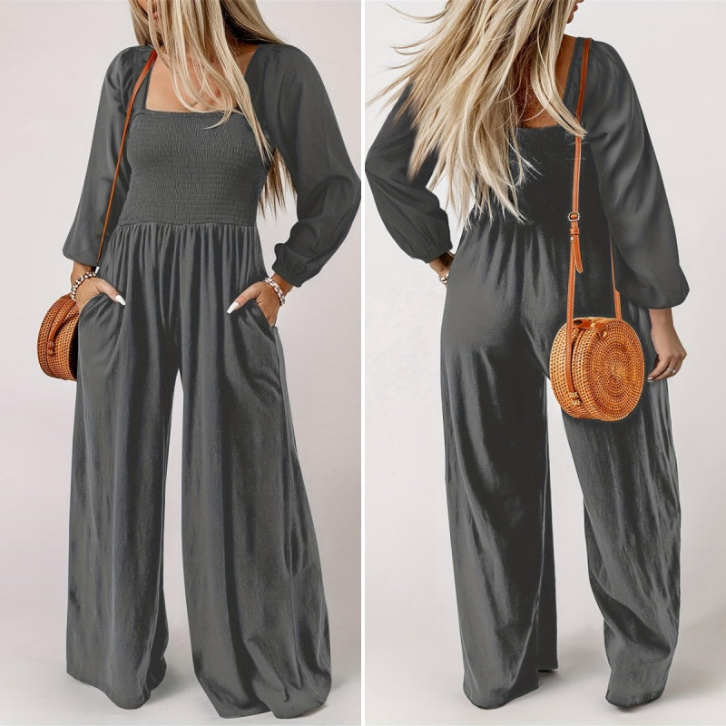 Women’s Smocked Wide-Leg Long Sleeve Jumpsuit