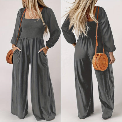 Women’s Smocked Wide-Leg Long Sleeve Jumpsuit