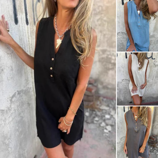 Cotton Linen Deep V-Neck Pocket Dress