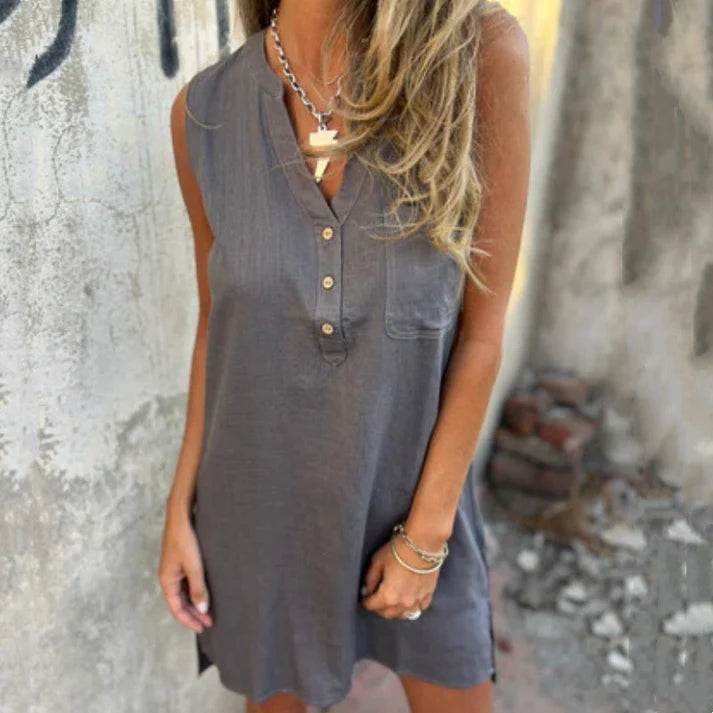 Cotton Linen Deep V-Neck Pocket Dress