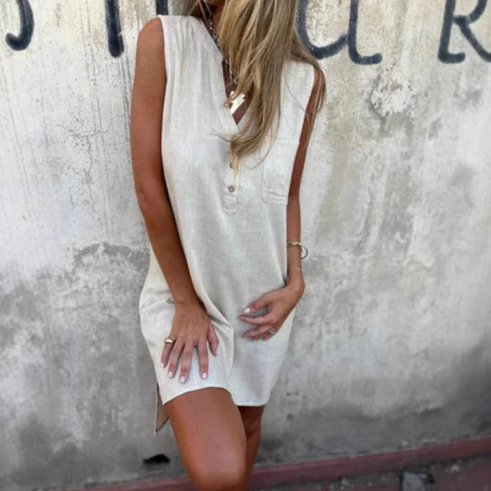 Cotton Linen Deep V-Neck Pocket Dress