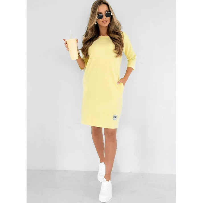 Crew neck dress with 3/4 sleeves and pockets