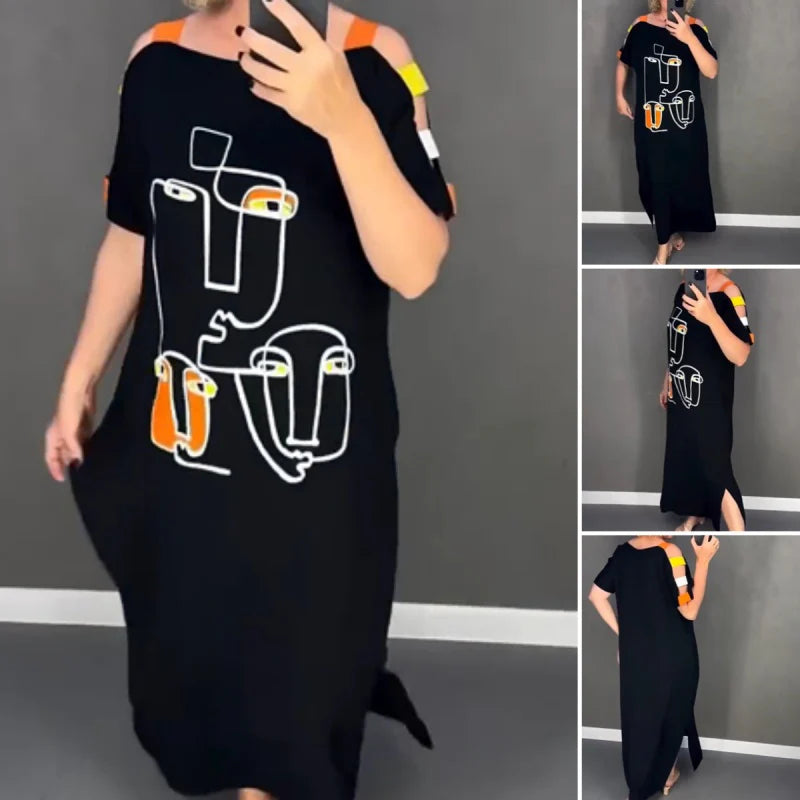 Women's Abstract Print Cold-Shoulder Maxi Dress