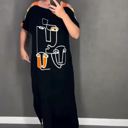 Women's Abstract Print Cold-Shoulder Maxi Dress