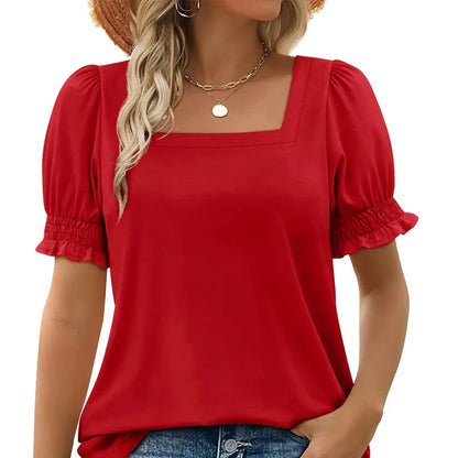 Women's casual square neck T-shirt with pleated sleeves