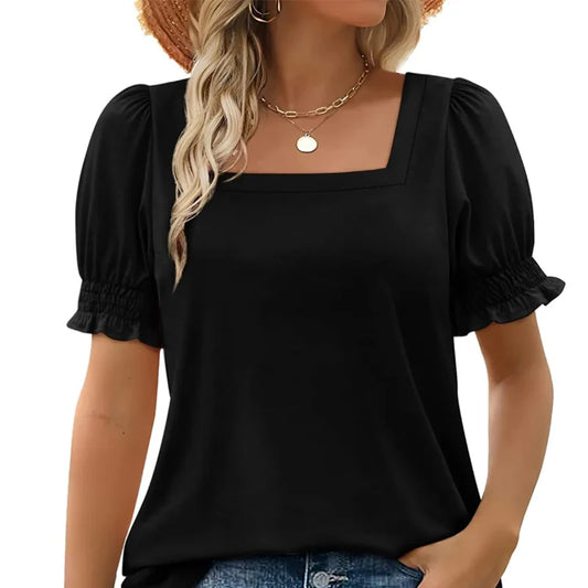 Women's casual square neck T-shirt with pleated sleeves