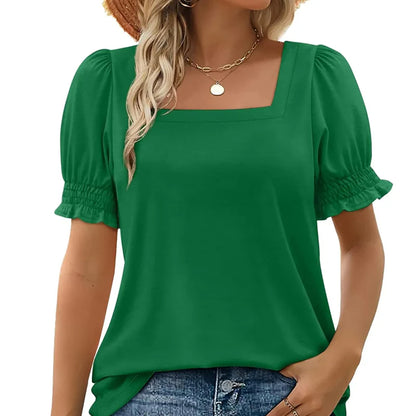 Women's casual square neck T-shirt with pleated sleeves