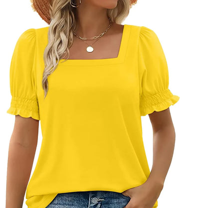 Women's casual square neck T-shirt with pleated sleeves