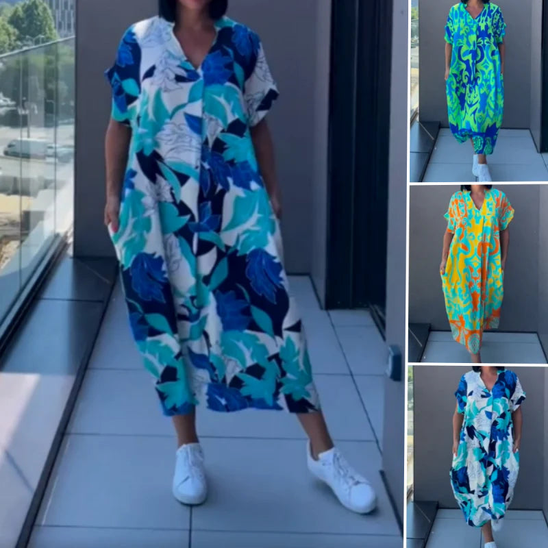 Women's Printed V-Neck Midi Dress
