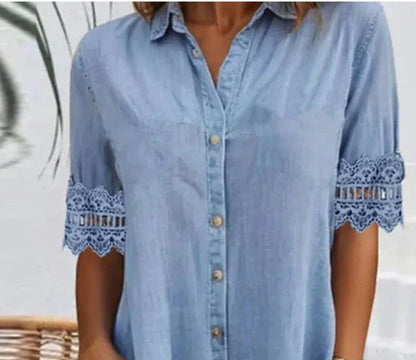 Blue, Simple Denim Mini Dress with Collar and Lace Trim