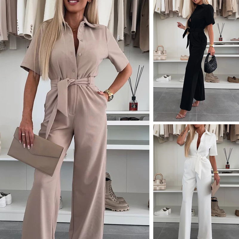 Women’s Button-Front Wide-Leg Jumpsuit with Tie Waist