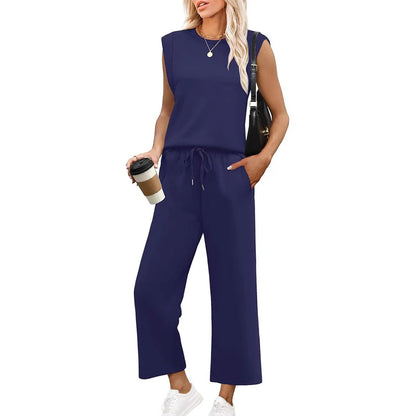 New Women's Casual Top with Cap Sleeve and Wide Two-Piece Leg Pants