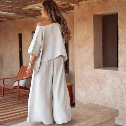 Women’s Off Shoulder Top and Wide Leg Trousers Two Piece Set
