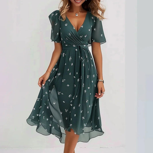 Women’s Floral V-Neck Short Sleeve Midi Dress