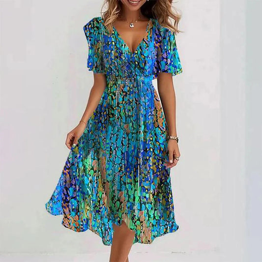 Women’s Floral V-Neck Short Sleeve Midi Dress