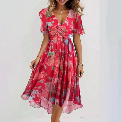 Women’s Floral V-Neck Short Sleeve Midi Dress
