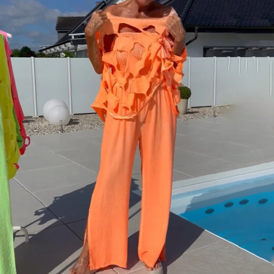 Women’s Cut-Out Overlay Top & Wide-Leg Jumpsuit Set