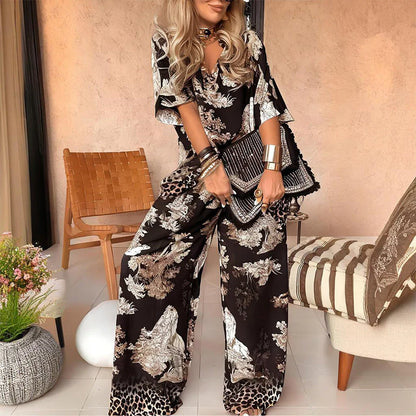 Women’s Printed V-Neck Top & Wide-Leg Trousers Set